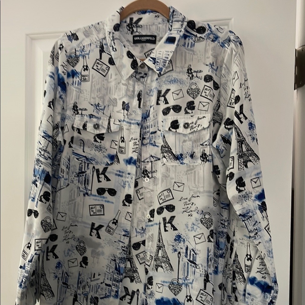 Karl Lagerfeld White and Blue Graphic Blouse